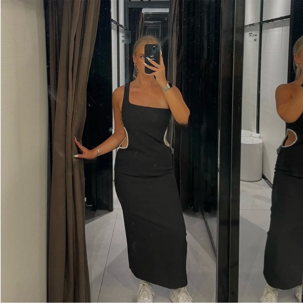 Zara Black Asymmetric Cut-Out Midi Dress With Rhinestones